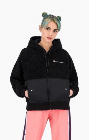 Dámské Bundy Champion Teddy Polar Fleece Zip-Up Hoodie Černé | 7124-TEGWS