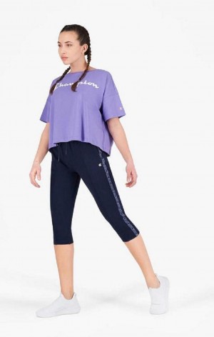 Dámské Jogger Kalhoty Champion Pruhovaný Jacquard Logo Tape Joggers Tmavě Blankyt | 6507-BIOQN