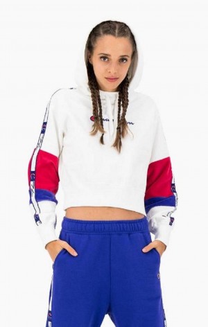 Dámské Mikina s Kapucí Champion Colour Block Jacquard Logo Tape Fleece Hoodie Bílé | 6139-XHTDJ