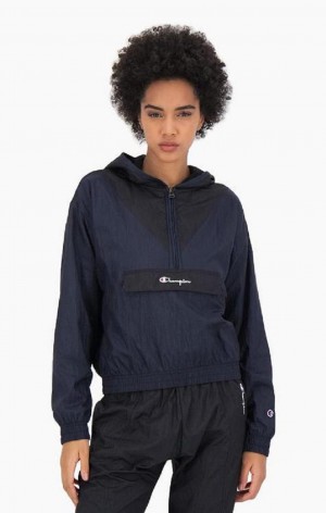 Dámské Mikina s Kapucí Champion Contrast Panel Half Zip-Up Hoodie Tmavě Blankyt | 0452-AIRZY