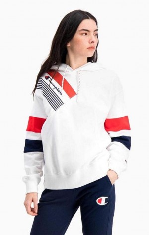 Dámské Mikina s Kapucí Champion Grafická Stripe And Colour Block Hoodie Bílé | 0294-YKTPX