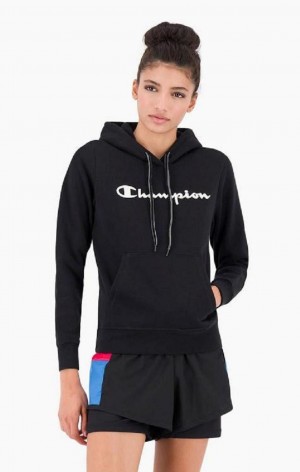 Dámské Mikina s Kapucí Champion Script Logo Fleece Hoodie Černé | 1325-QUFER