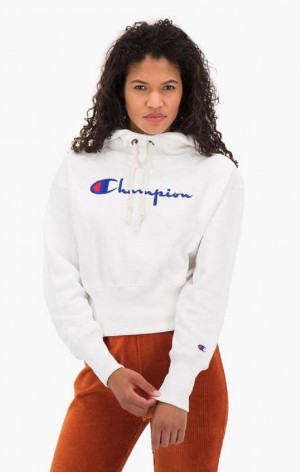 Dámské Mikina s Kapucí Champion Script Logo High Rib Reverse Weave Hoodie Bílé | 5083-QLSZT