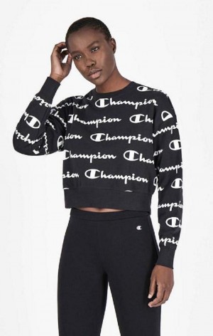 Dámské Mikiny Champion All-over Script Logo Sweatshirt Černé | 1375-VNIDC