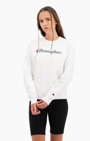 Dámské Mikiny Champion Satin Stitch Script Logo Sweatshirt Bílé | 9410-JWAUH