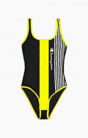 Dámské Plavky Champion Grafická Stripe Logo Scoop Back Swimsuit Černé | 9012-ZSHGT