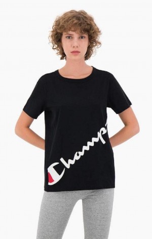 Dámské Tričko Champion Diagonal Script Logo Print T-Shirt Černé | 9572-VDRFO