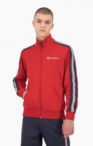 Pánské Bundy Champion Stripe Logo Tape Zip-Up Track Jacket Červené | 8957-VXAJK