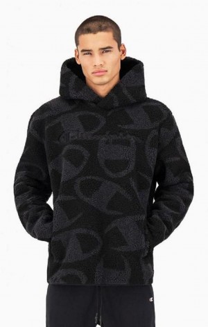 Pánské Mikina s Kapucí Champion All-Over Logo Print Teddy Hoodie Černé | 0617-GYFSB