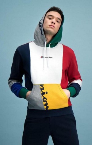 Pánské Mikina s Kapucí Champion Colour Block Patchwork Hoodie Červené | 5248-QLKMI