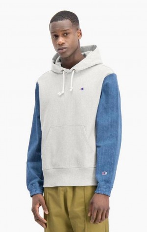 Pánské Mikina s Kapucí Champion Denim Sleeve Reverse Weave Hoodie Světle Šedé | 7365-SQHET