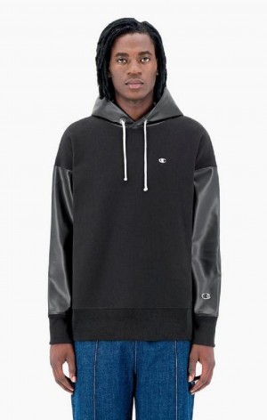 Pánské Mikina s Kapucí Champion Faux Læder Panel Reverse Weave Hoodie Černé | 7516-AZHVD