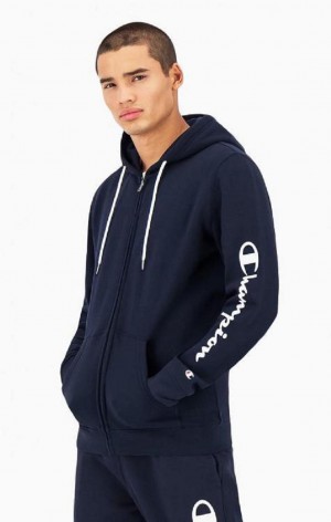 Pánské Mikina s Kapucí Champion Logo Sleeve Zip-Up Fleece Hoodie Tmavě Blankyt | 3274-BXZWQ