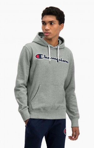 Pánské Mikina s Kapucí Champion Satin Script Logo Bavlněné Terry Hoodie Tmavě Šedé | 6180-CDPFG