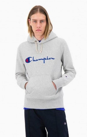 Pánské Mikina s Kapucí Champion Script Logo Reverse Weave Hoodie Světle Šedé | 5287-YJZKI