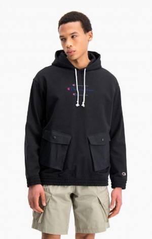 Pánské Mikina s Kapucí Champion Triple Script Logo Cargo Pocket Hoodie Černé | 5309-AJVGB