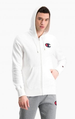 Pánské Mikina s Kapucí Champion Zip-Up Satin C Logo Hoodie Bílé | 8619-XUCHR