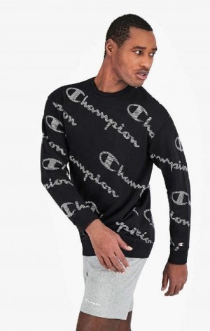 Pánské Mikiny Champion All-Over Pruhovaný Effect Script Logo Print Sweatshirt Černé | 2437-ZJQBN