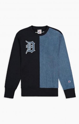 Pánské Mikiny Champion Detroit MLB Denim + Reverse Weave Sweatshirt Tmavě Blankyt | 8590-CHFSB