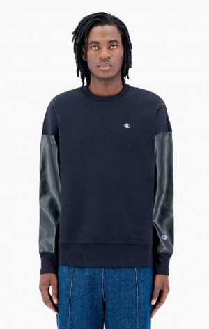 Pánské Mikiny Champion Faux Læder Panel Reverse Weave Sweatshirt Černé | 0325-LRQVB