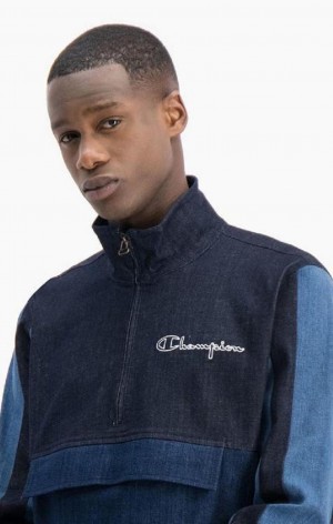 Pánské Mikiny Champion Half Zip-Up Denim Patchwork Sweatshirt Tyrkysové Blankyt | 7641-DUXKB