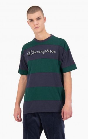 Pánské Tričko Champion Pruhovaný Script Logo T-Shirt Zelene | 4108-PNGXC