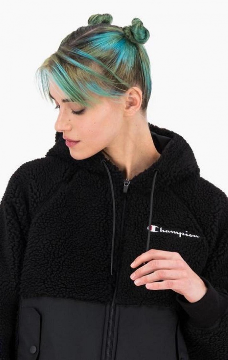 Dámské Bundy Champion Teddy Polar Fleece Zip-Up Hoodie Černé | 7124-TEGWS