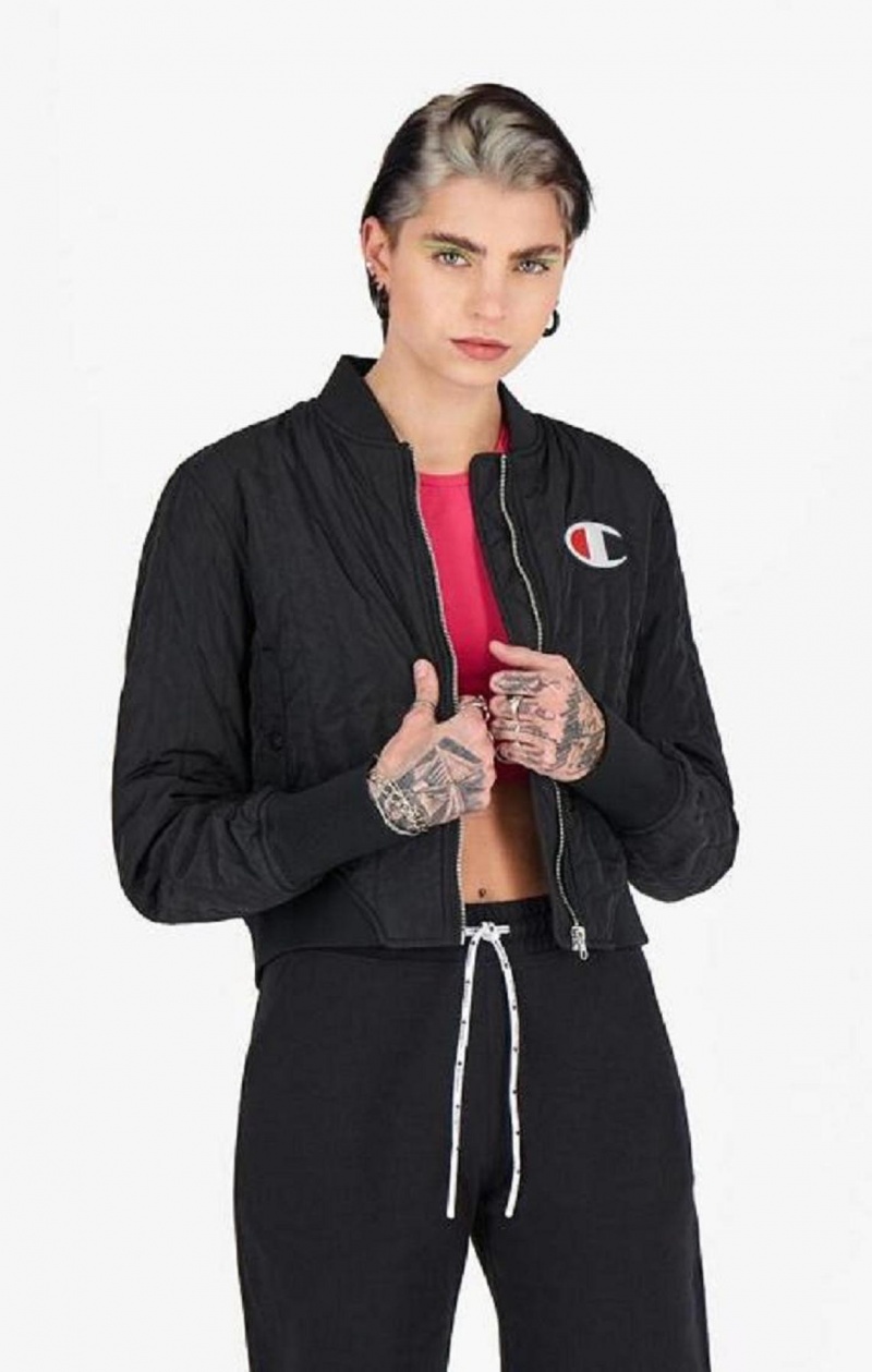 Dámské Bundy Champion Textured Cropped Bomber Jacket Černé | 5418-WYPQV