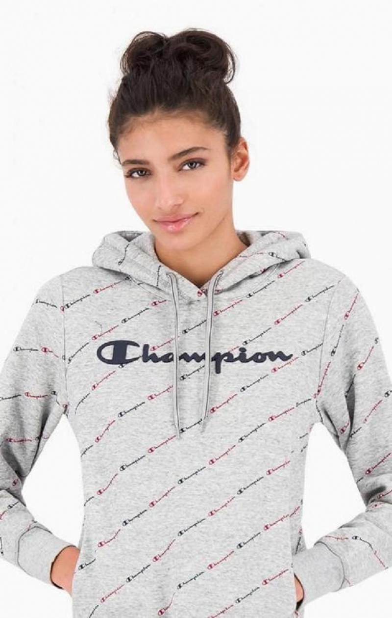 Dámské Mikina s Kapucí Champion All-Over Script Logo Hoodie Světle Šedé | 5034-JRHYS