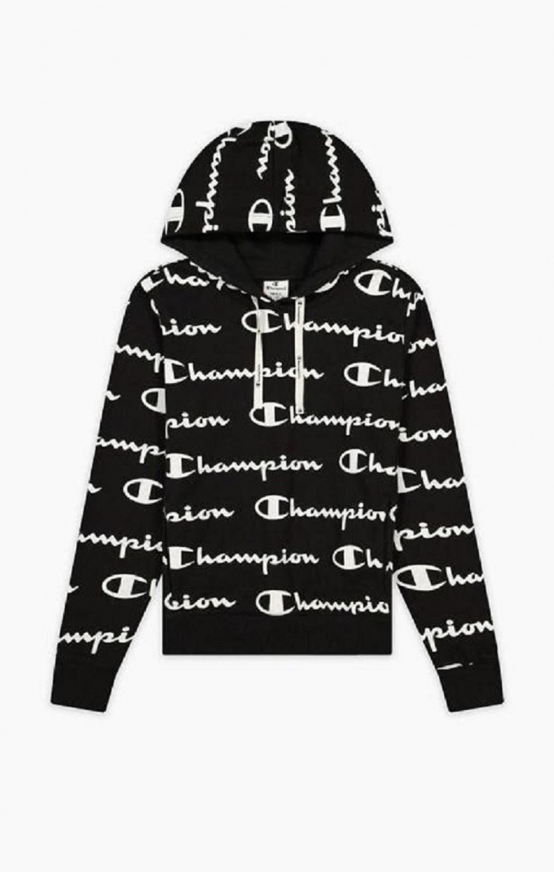 Dámské Mikina s Kapucí Champion All-Over Script Logo Hoodie Černé | 3194-ZFHJE