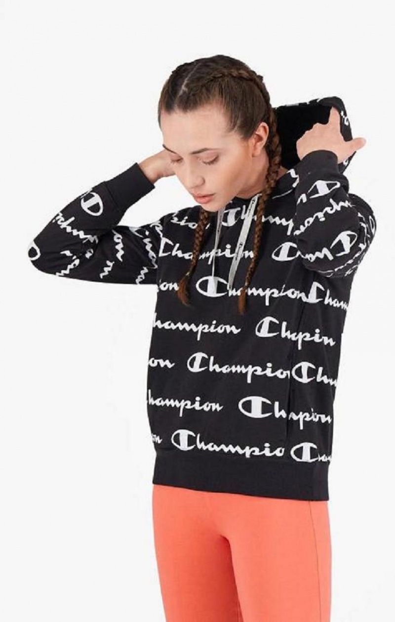 Dámské Mikina s Kapucí Champion All-Over Script Logo Hoodie Černé | 3194-ZFHJE