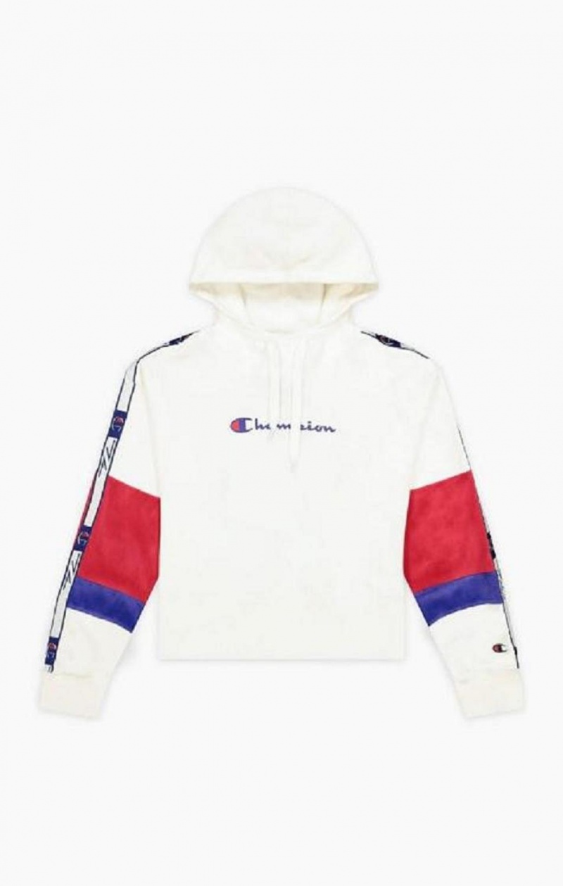 Dámské Mikina s Kapucí Champion Colour Block Jacquard Logo Tape Fleece Hoodie Bílé | 6139-XHTDJ