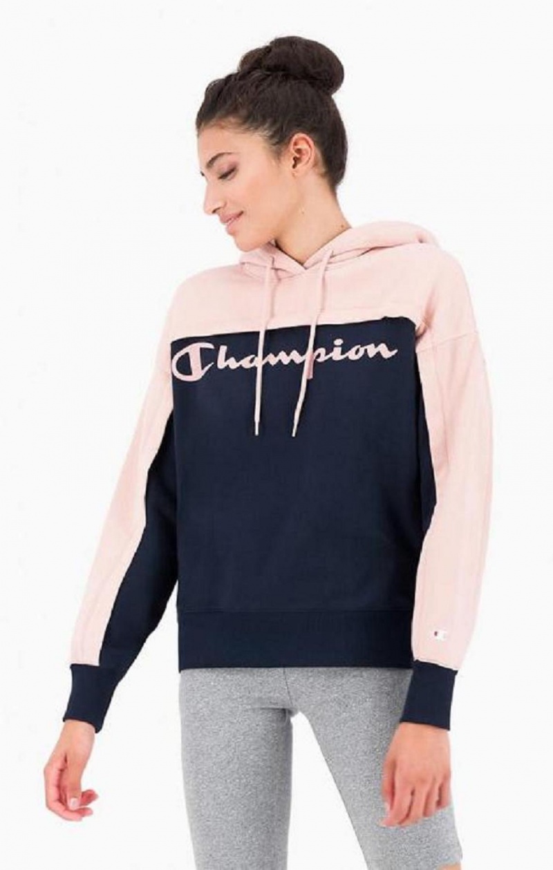 Dámské Mikina s Kapucí Champion Colour Block Logo Layer Fleece Hoodie Černé | 0389-POTYI