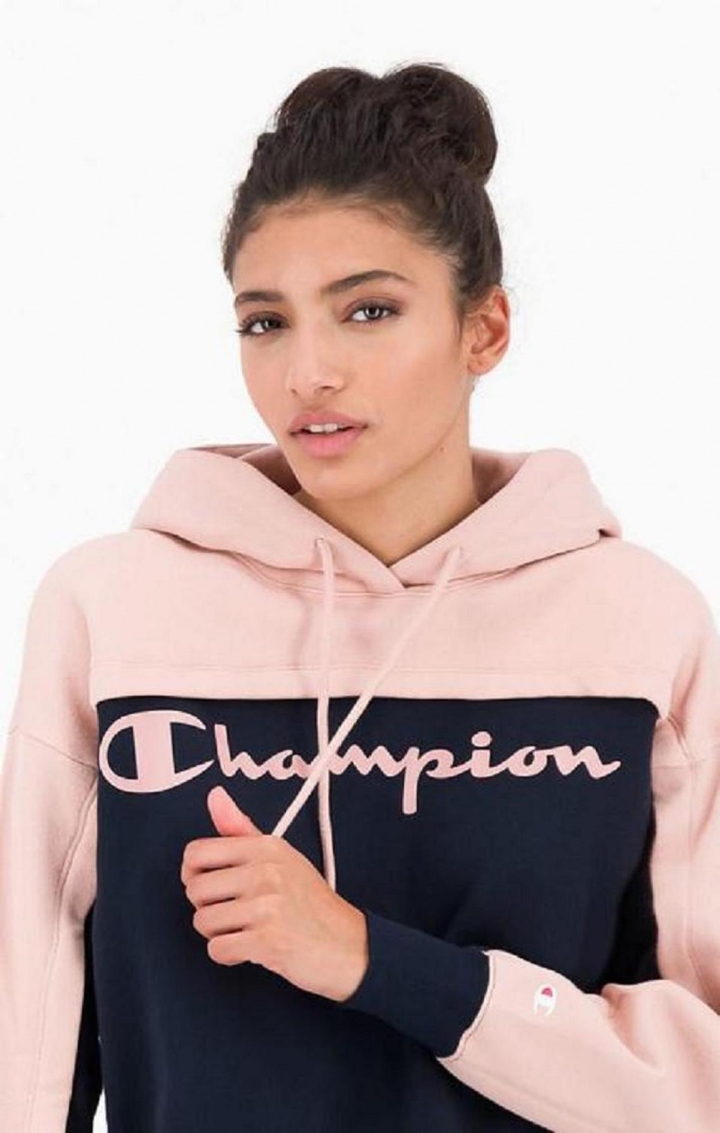 Dámské Mikina s Kapucí Champion Colour Block Logo Layer Fleece Hoodie Černé | 0389-POTYI