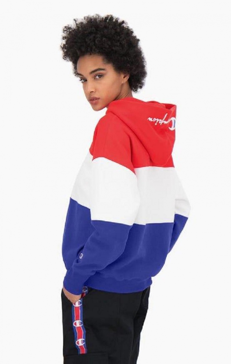 Dámské Mikina s Kapucí Champion Colour Block Reverse Weave Logo Hoodie Červené | 3470-GHQBP