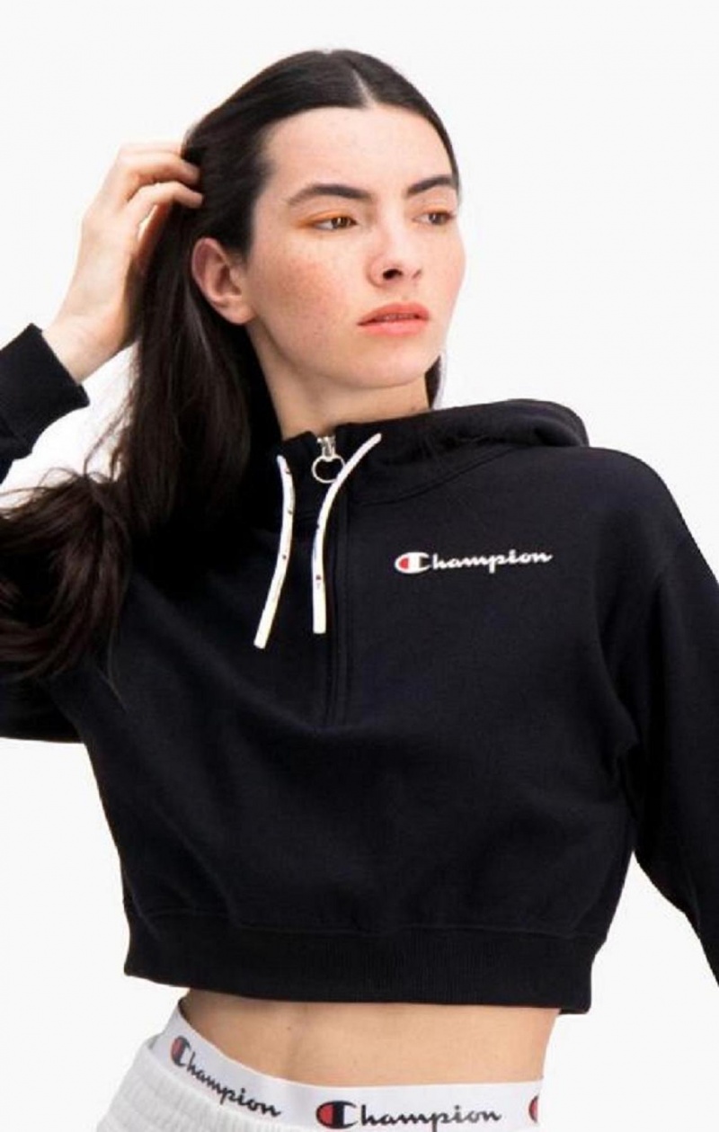 Dámské Mikina s Kapucí Champion Half Zip-Up Script Logo Arm Hoodie Černé | 9203-AIYFD