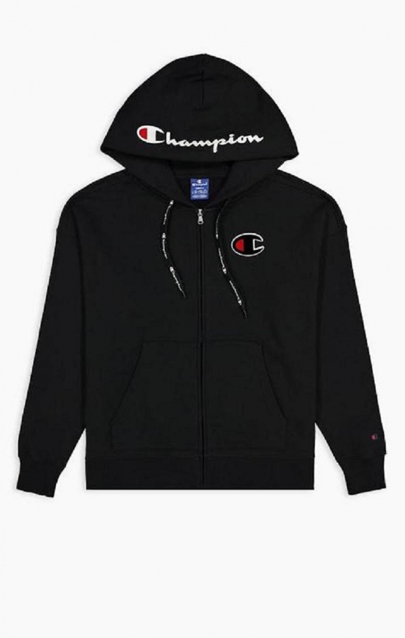 Dámské Mikina s Kapucí Champion Logo Bavlněné Terry Hoodie Černé | 0354-HMNDU