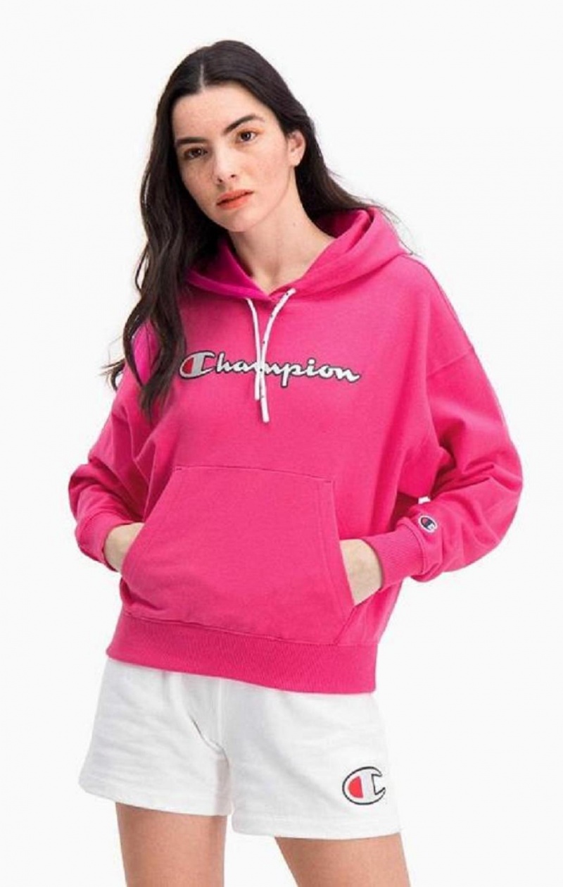 Dámské Mikina s Kapucí Champion Logo Bavlněné Terry Hoodie Tmavě Růžové | 7209-DVECF