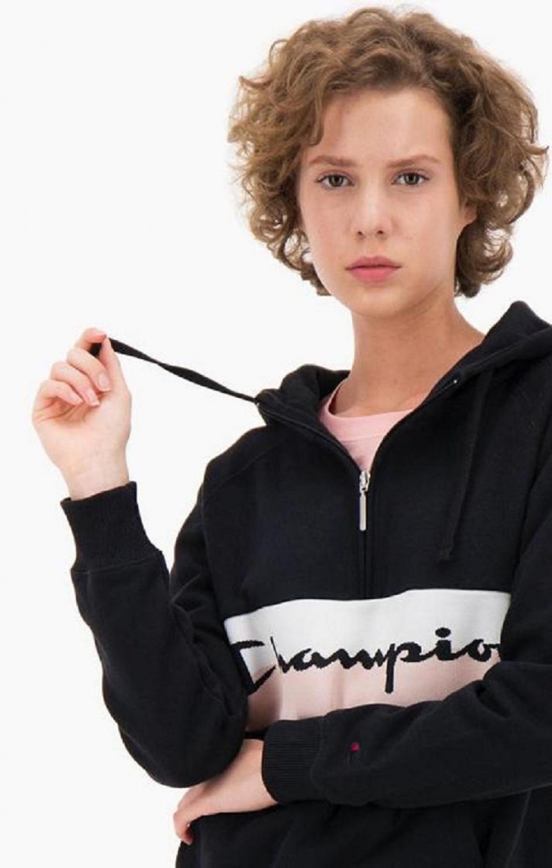 Dámské Mikina s Kapucí Champion Rib Insert Script Logo Half Zip-Up Hoodie Černé | 2436-DRBQX