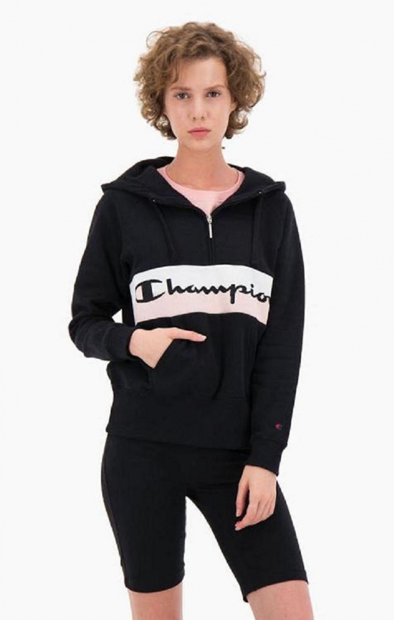 Dámské Mikina s Kapucí Champion Rib Insert Script Logo Half Zip-Up Hoodie Černé | 2436-DRBQX