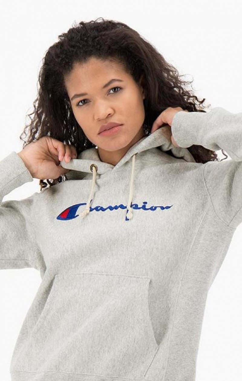 Dámské Mikina s Kapucí Champion Script Logo Reverse Weave Hoodie Tmavě Šedé | 7901-TMXRN