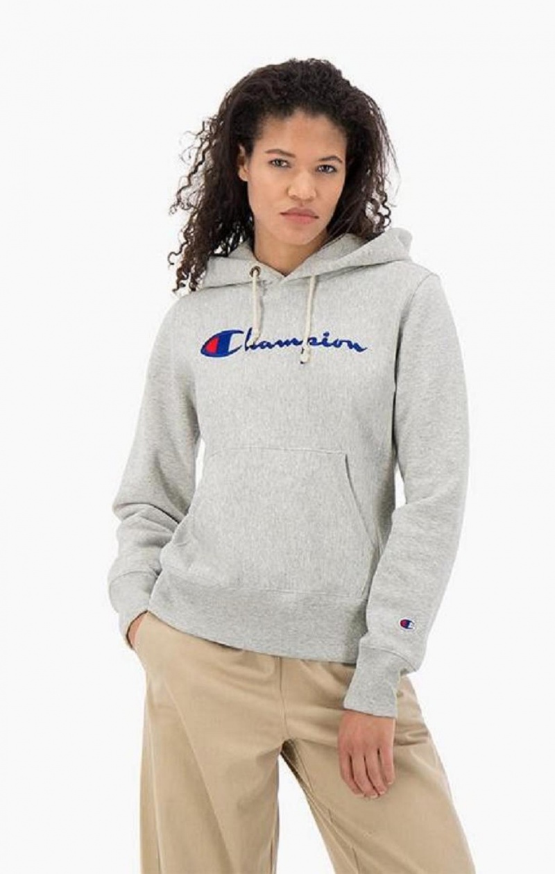 Dámské Mikina s Kapucí Champion Script Logo Reverse Weave Hoodie Tmavě Šedé | 7901-TMXRN