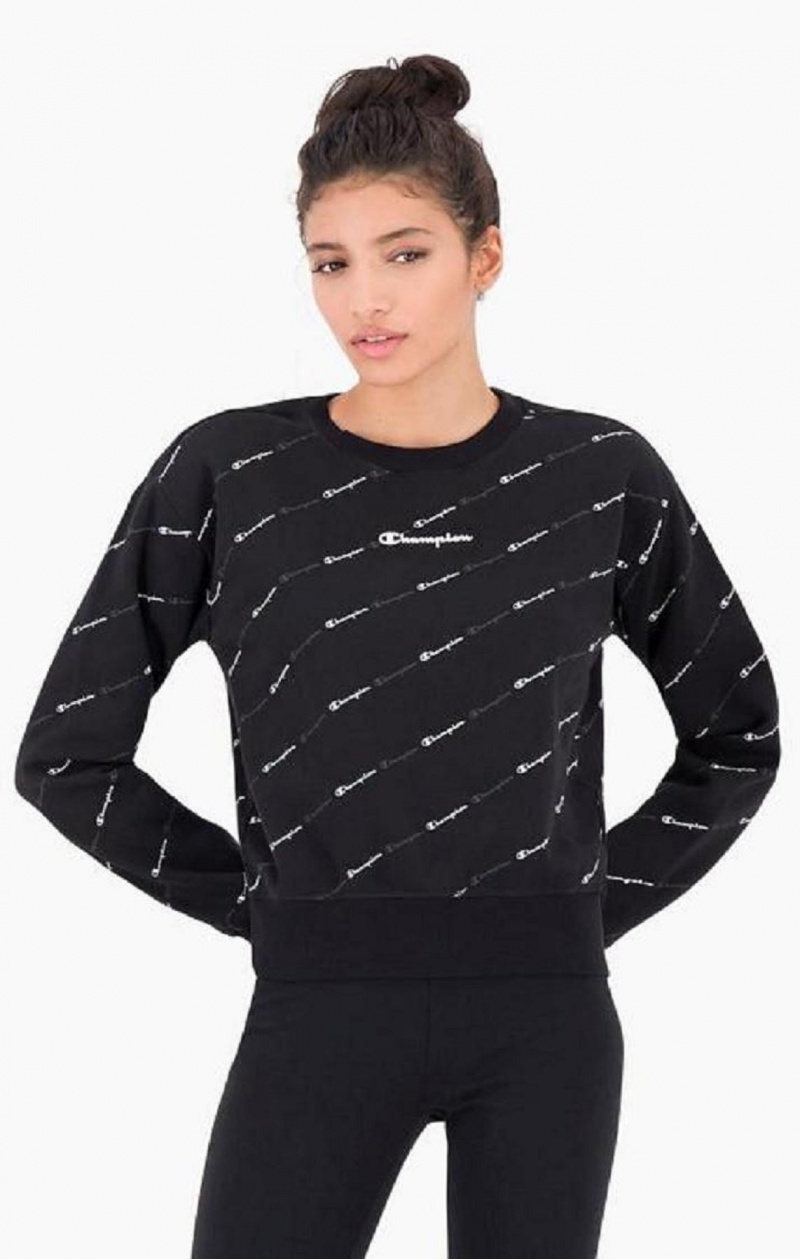 Dámské Mikiny Champion All-over Script Logo Sweatshirt Černé | 9432-GPRWQ