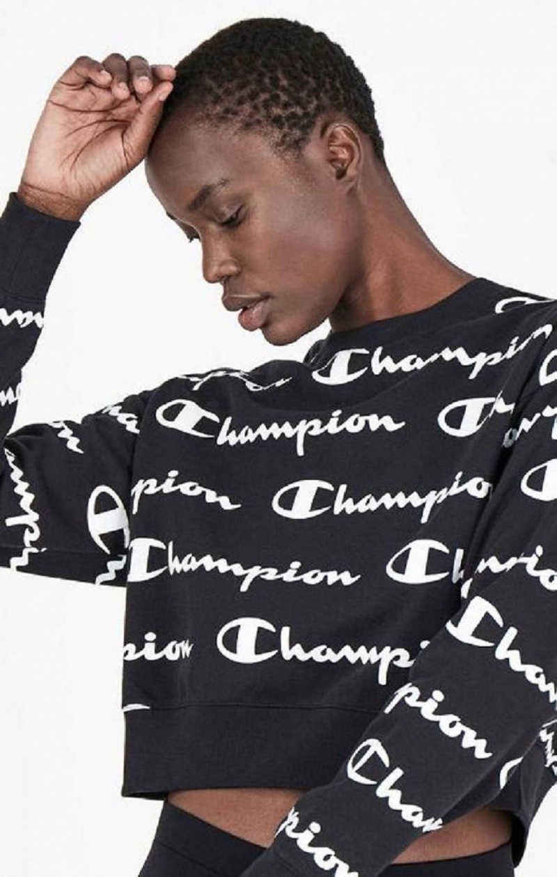 Dámské Mikiny Champion All-over Script Logo Sweatshirt Černé | 1375-VNIDC