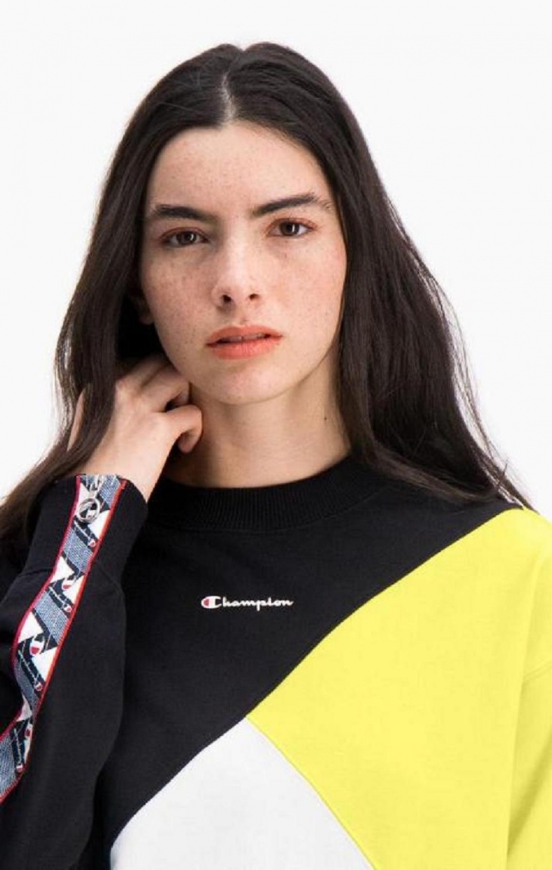 Dámské Mikiny Champion Colour Block Logo Tape Sweatshirt Černé Bílé | 7493-NUQXP