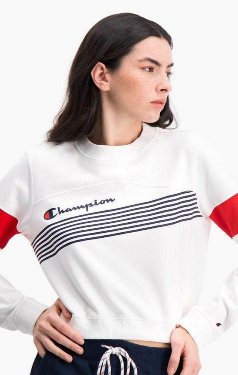 Dámské Mikiny Champion Grafická Stripe And Colour Block Cropped Sweatshirt Bílé | 9742-KMWPA