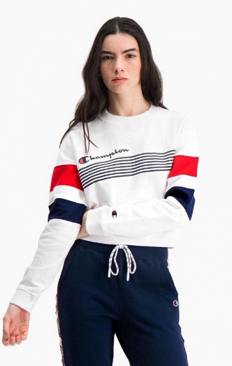 Dámské Mikiny Champion Grafická Stripe And Colour Block Cropped Sweatshirt Bílé | 9742-KMWPA