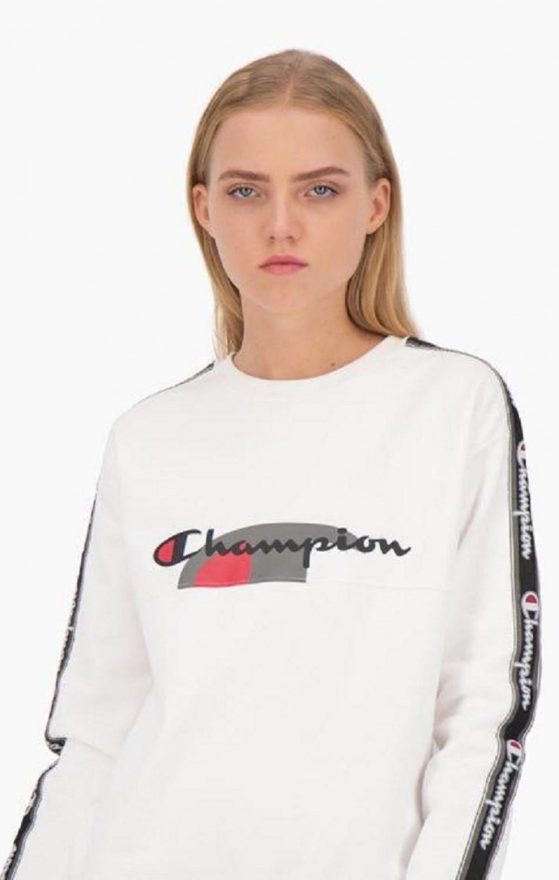 Dámské Mikiny Champion Multi Logo Jacquard Tape Sweatshirt Bílé | 8063-TFQVW