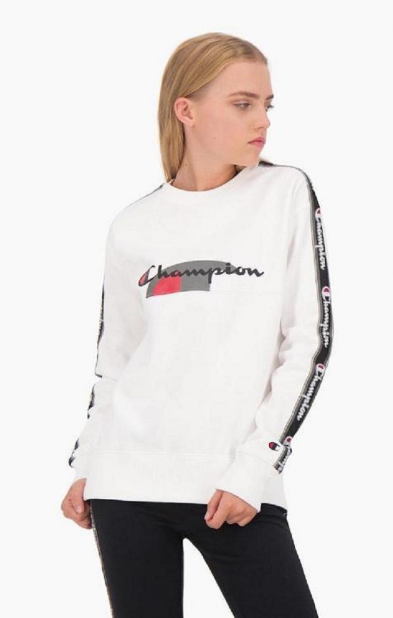 Dámské Mikiny Champion Multi Logo Jacquard Tape Sweatshirt Bílé | 8063-TFQVW