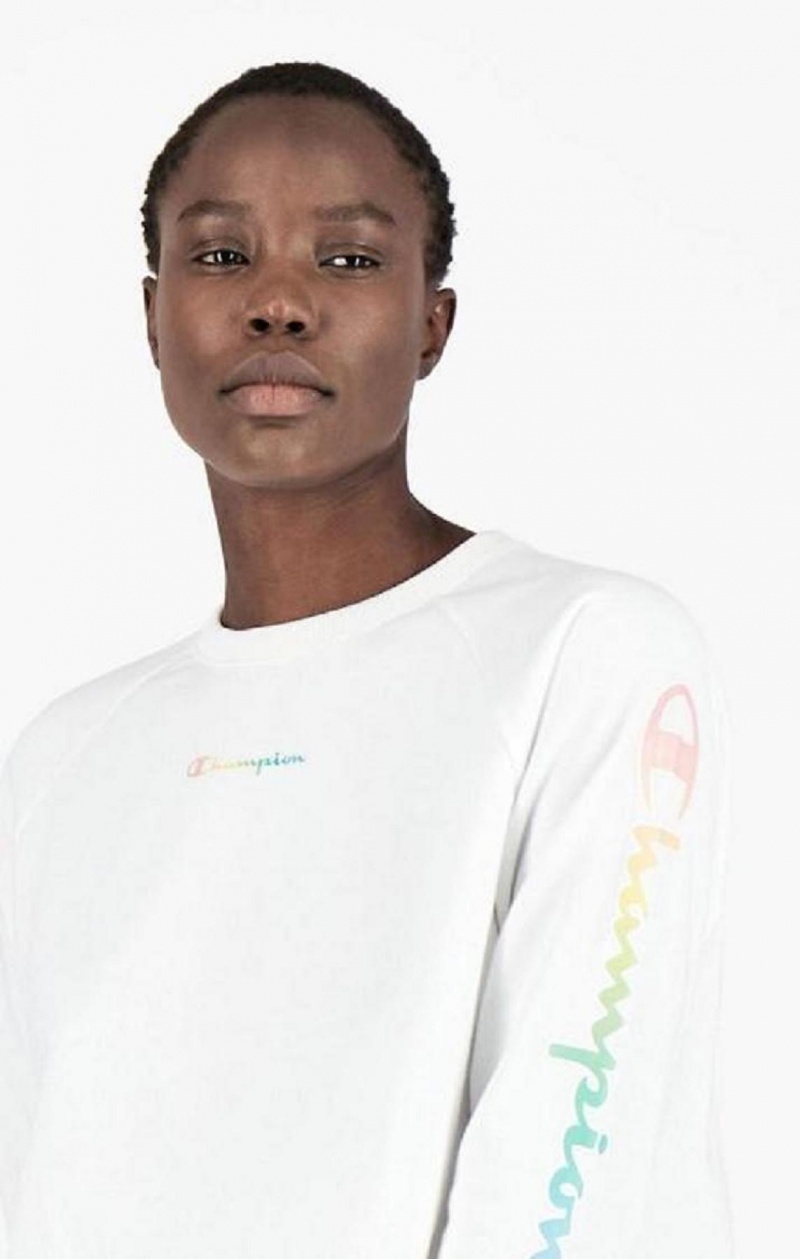 Dámské Mikiny Champion Rainbow Script Logo Print Cropped Sweatshirt Bílé | 9357-HNEMK